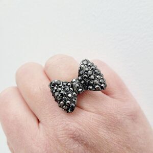 3/$20 Vintage Titanium Black With Clear Stones Bow Adjustable ring